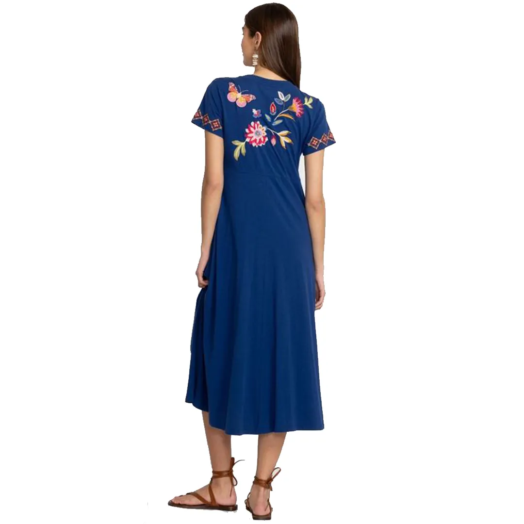 Johnny Was Gracey Crew Neck Swing Long Dress Black Butterfly Embroidered NEW