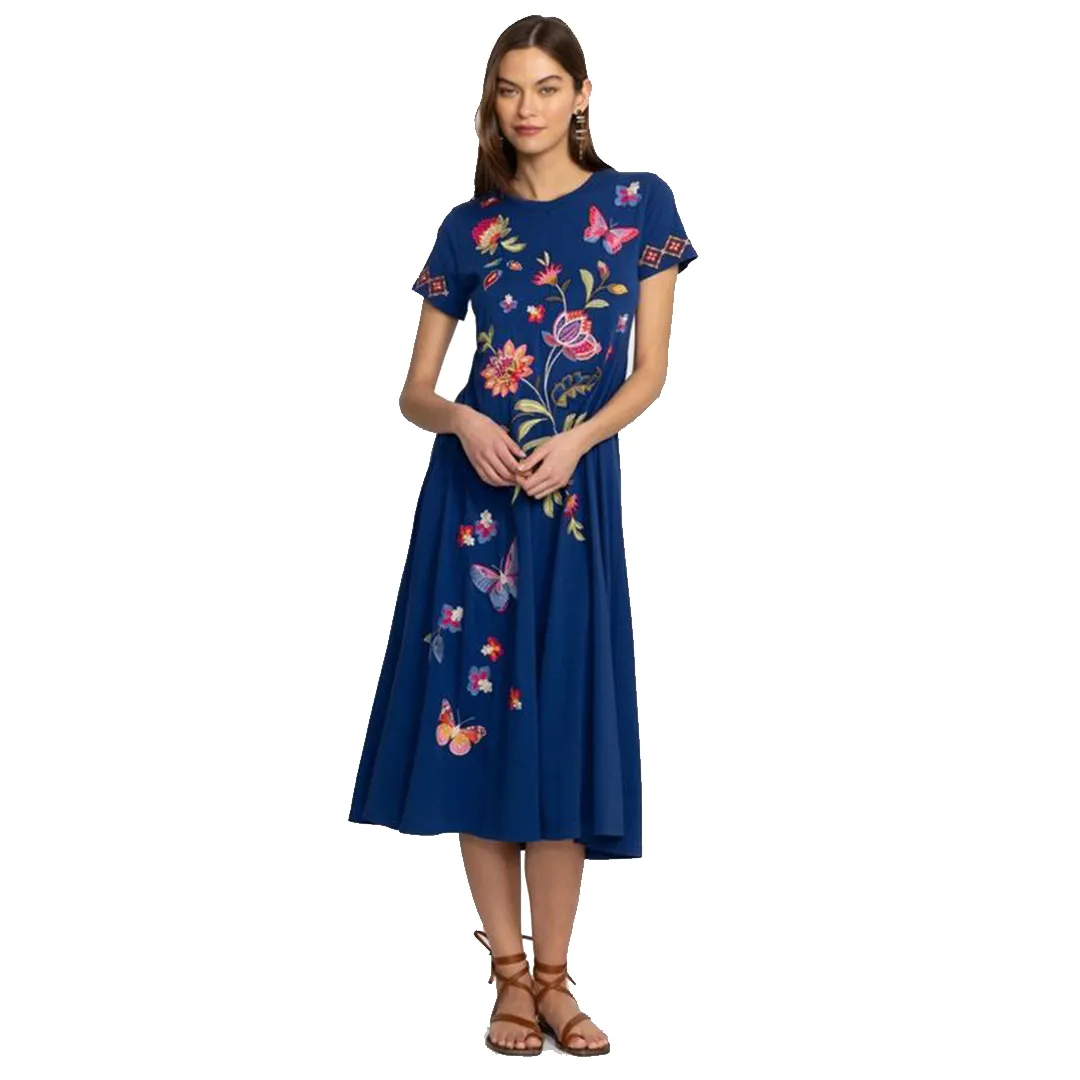 Johnny Was Gracey Crew Neck Swing Long Dress Black Butterfly Embroidered NEW