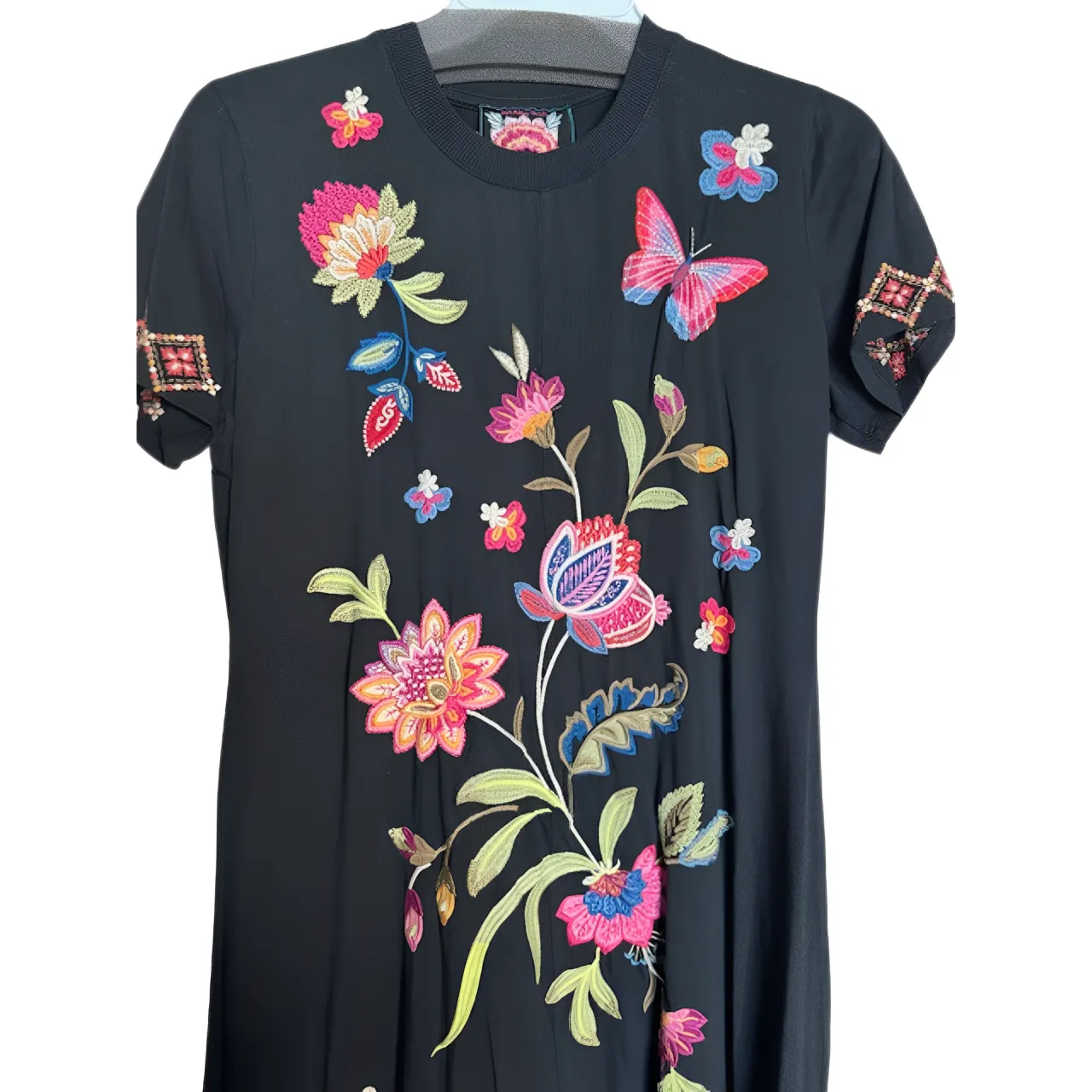 Johnny Was Gracey Crew Neck Swing Long Dress Black Butterfly Embroidered NEW