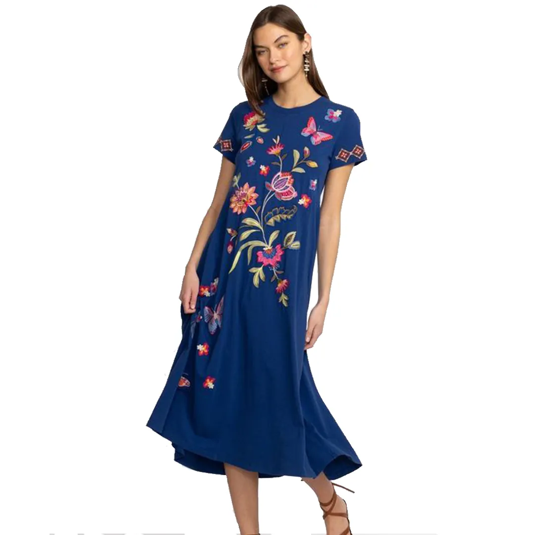 Johnny Was Gracey Crew Neck Swing Long Dress Black Butterfly Embroidered NEW