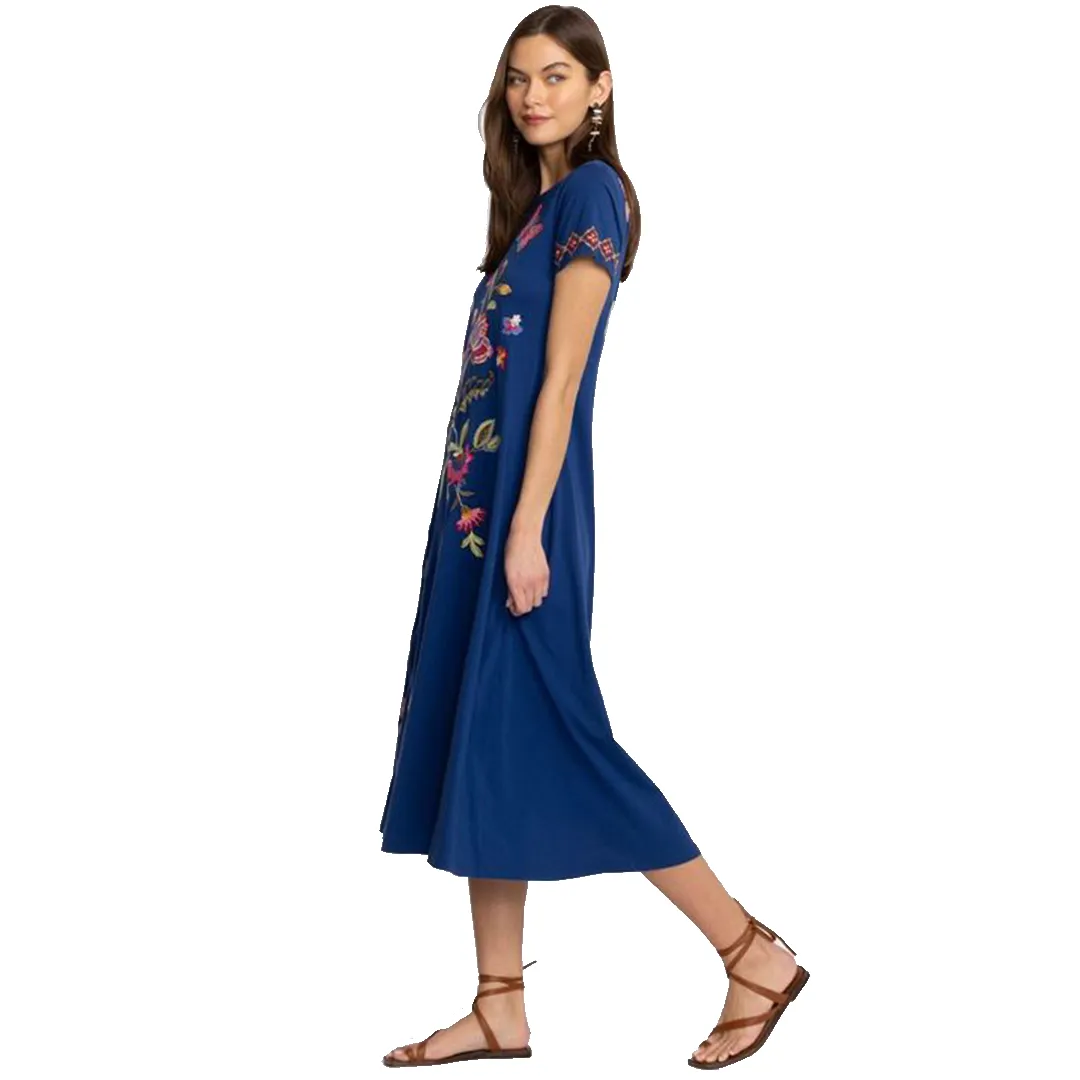 Johnny Was Gracey Crew Neck Swing Long Dress Black Butterfly Embroidered NEW