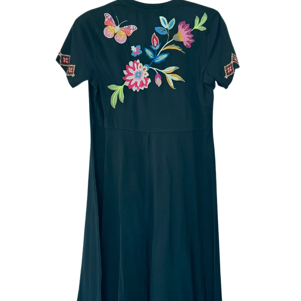 Johnny Was Gracey Crew Swing Long Dress Sailor Blue Floral Embroidered XXL NEW