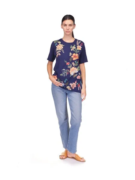 Johnny Was Ishani Navy Blue Night Tee Short Floral Embroidered Cotton Shirt Top NEW
