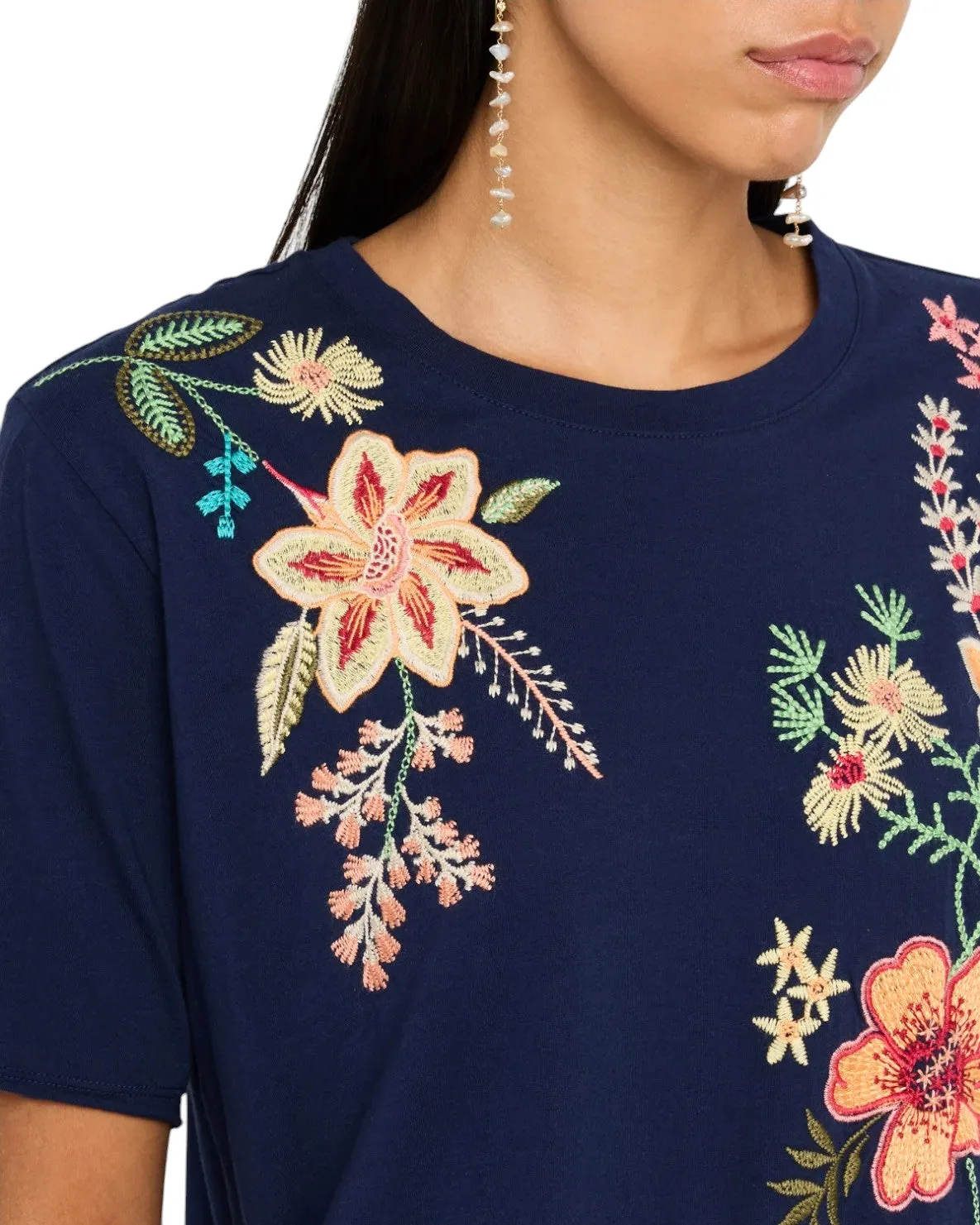 Johnny Was Ishani Navy Blue Night Tee Short Floral Embroidered Cotton Shirt Top NEW