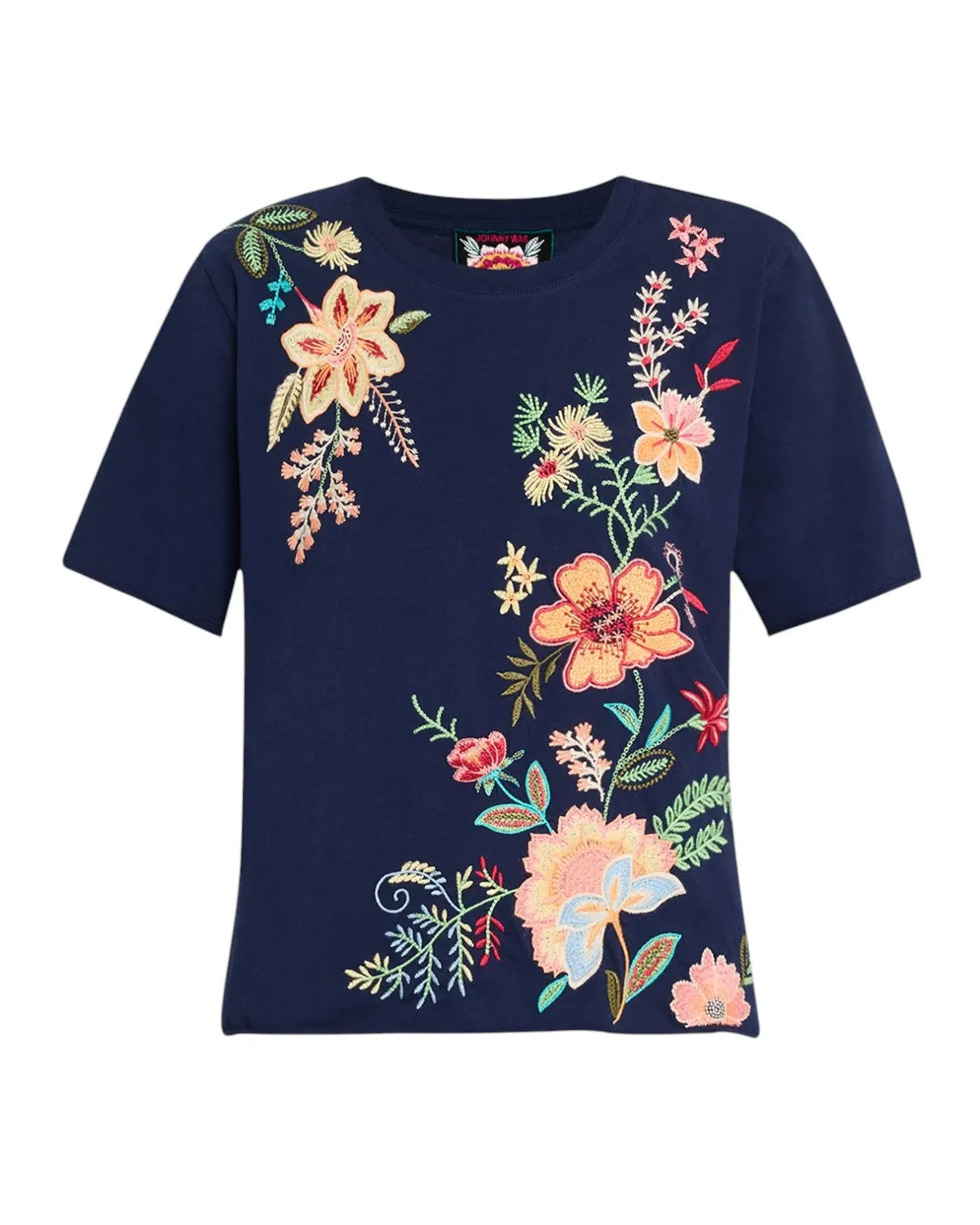 Johnny Was Ishani Navy Blue Night Tee Short Floral Embroidered Cotton Shirt Top NEW