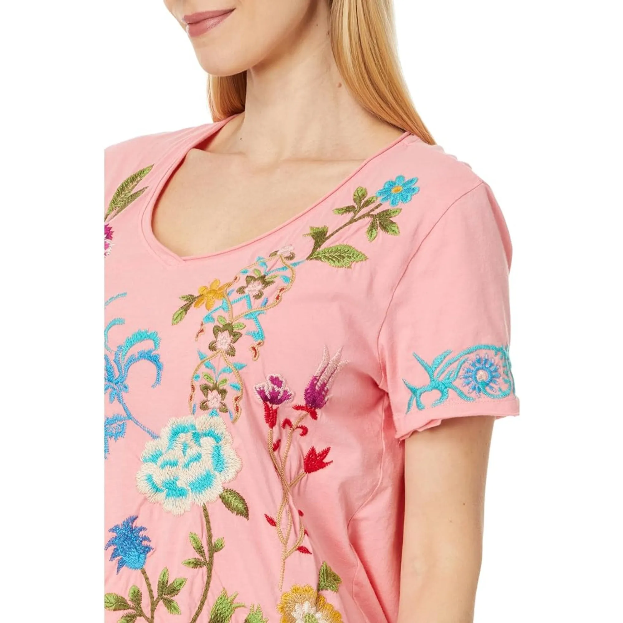 Johnny Was Sheri Everyday Tee Short Sunset Pink Embroidered Floral Shirt Top NEW