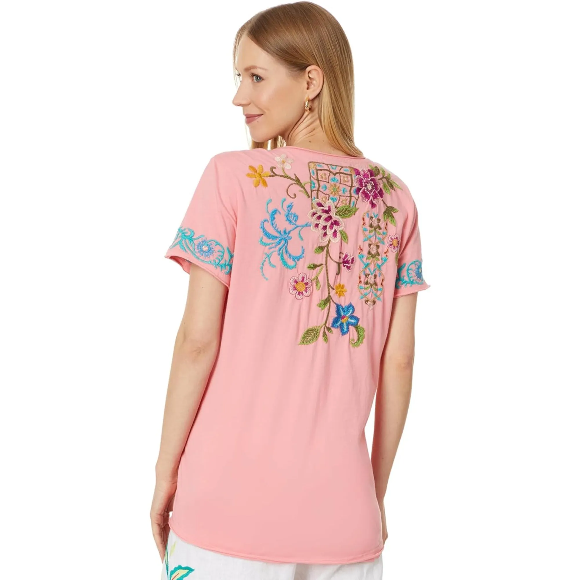 Johnny Was Sheri Everyday Tee Short Sunset Pink Embroidered Floral Shirt Top NEW