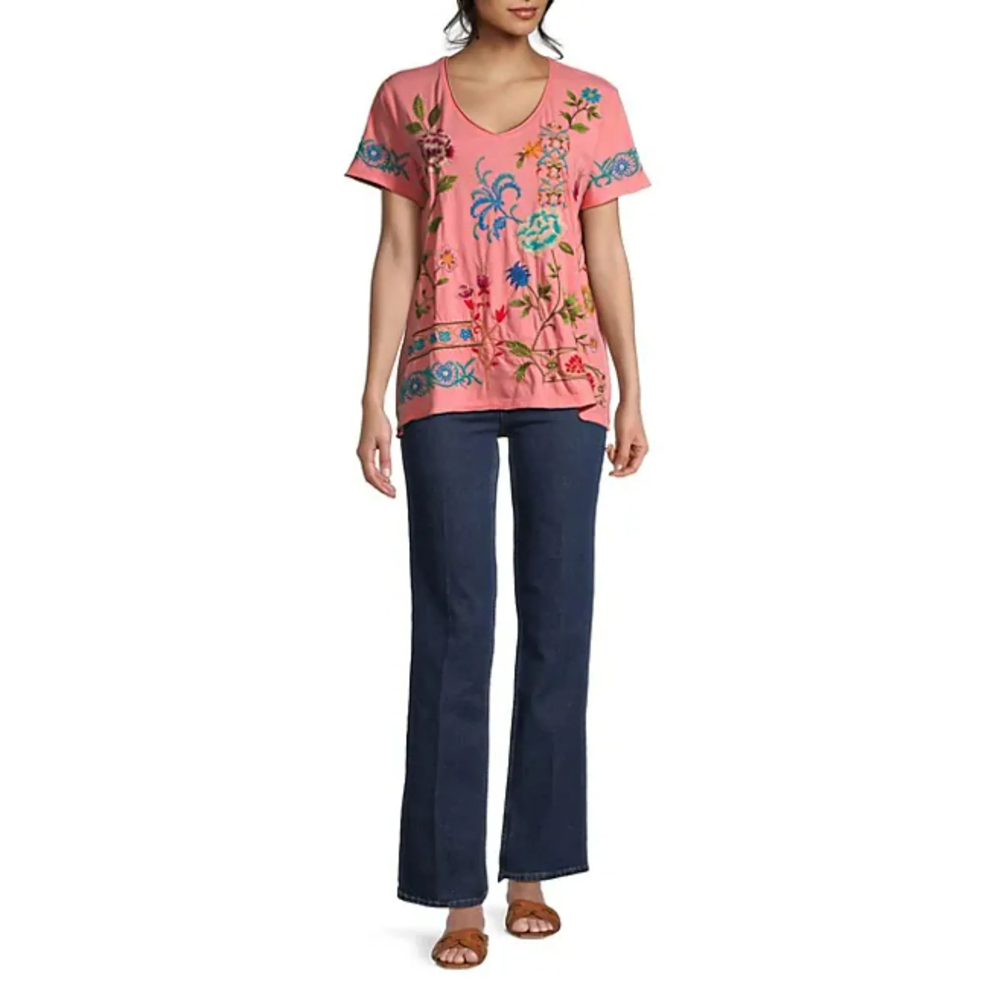Johnny Was Sheri Everyday Tee Short Sunset Pink Embroidered Floral Shirt Top NEW