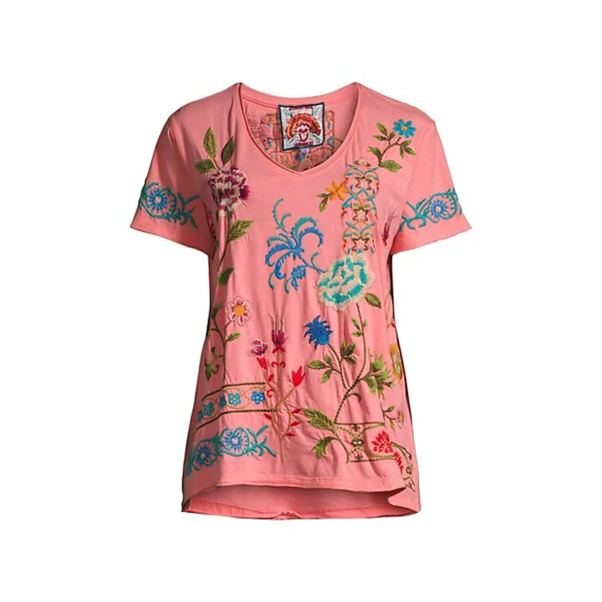 Johnny Was Sheri Everyday Tee Short Sunset Pink Embroidered Floral Shirt Top NEW
