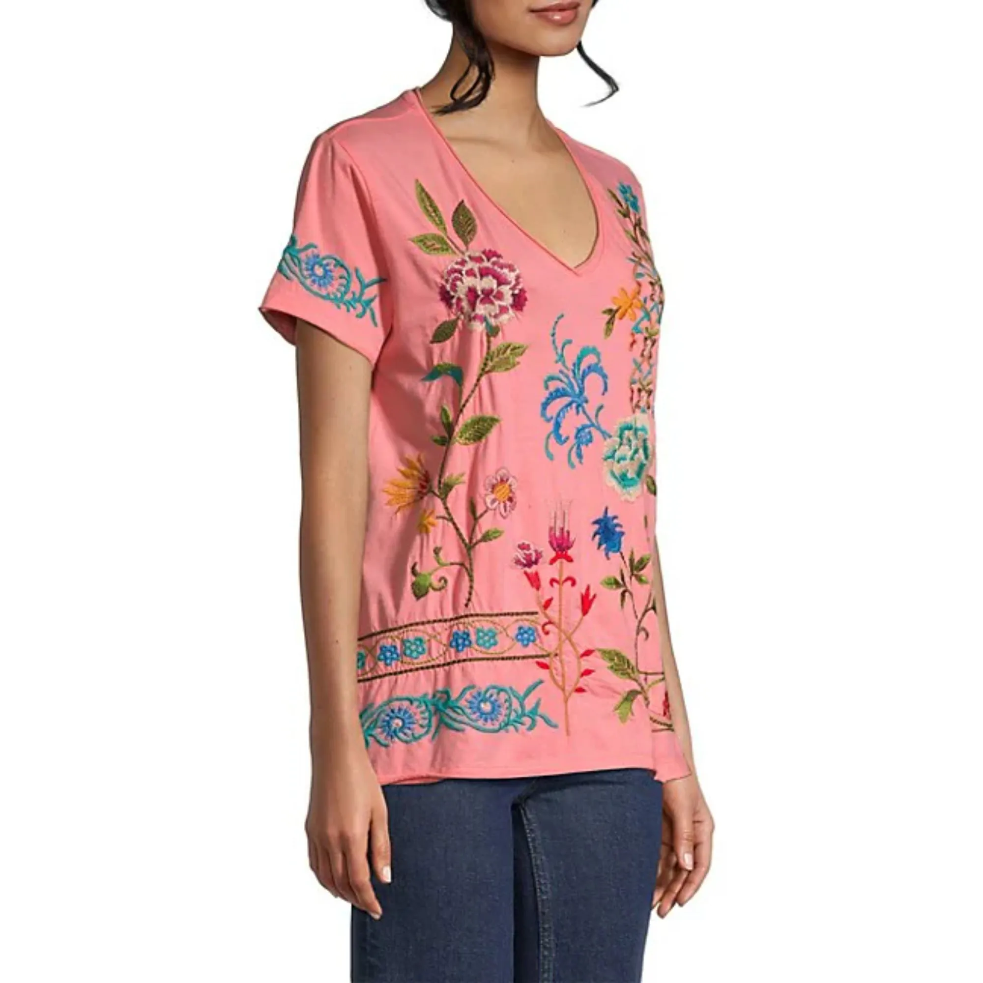 Johnny Was Sheri Everyday Tee Short Sunset Pink Embroidered Floral Shirt Top NEW