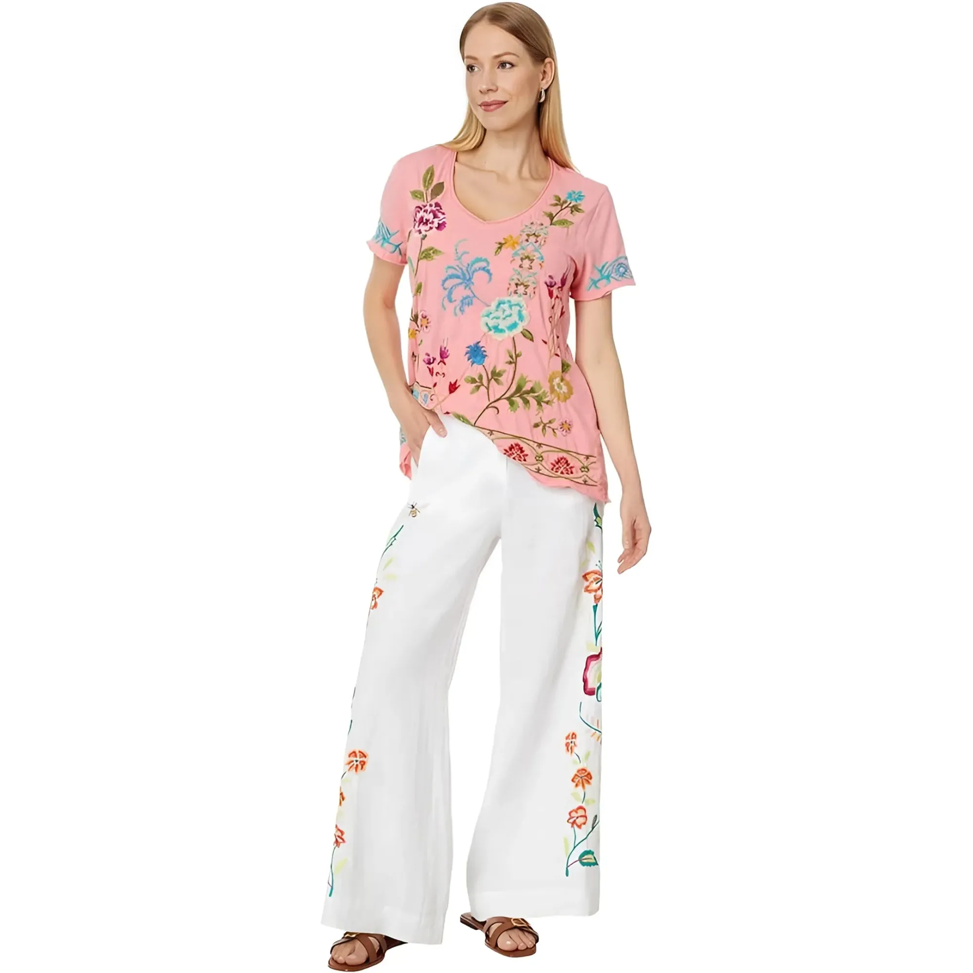 Johnny Was Sheri Everyday Tee Short Sunset Pink Embroidered Floral Shirt Top NEW