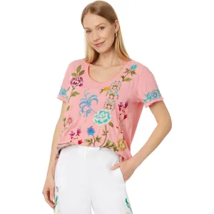 Johnny Was Sheri Everyday Tee Short Sunset Pink Embroidered Floral Shirt Top NEW