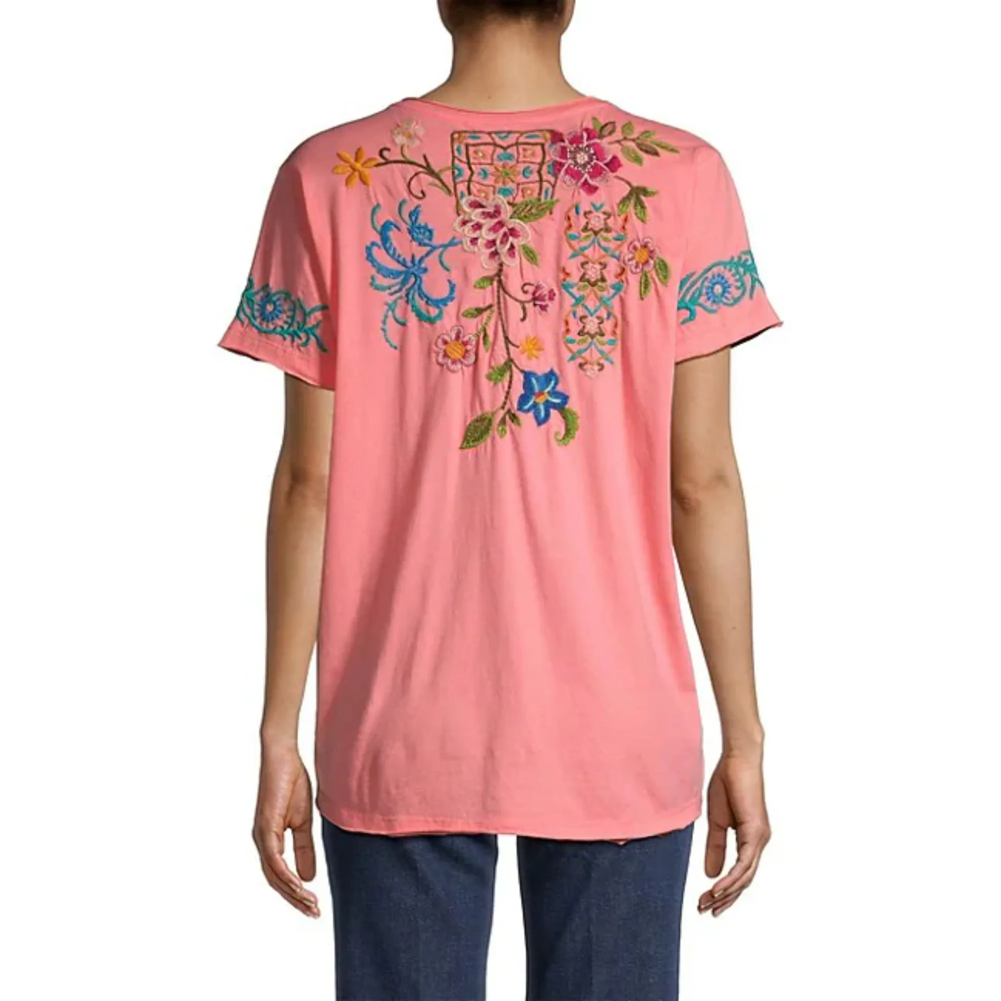Johnny Was Sheri Everyday Tee Short Sunset Pink Embroidered Floral Shirt Top NEW