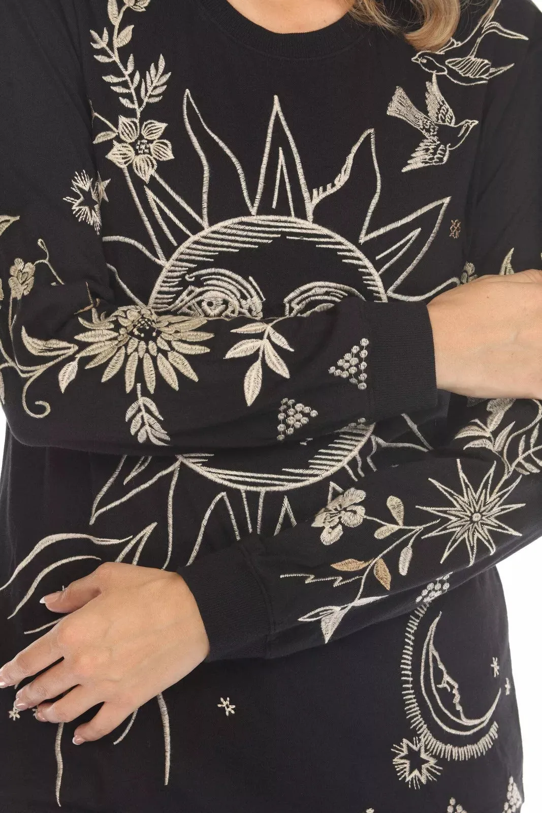 Johnny Was Torine Long Tee Embroidered Cotton Sun Floral Shirt Black Top NEW