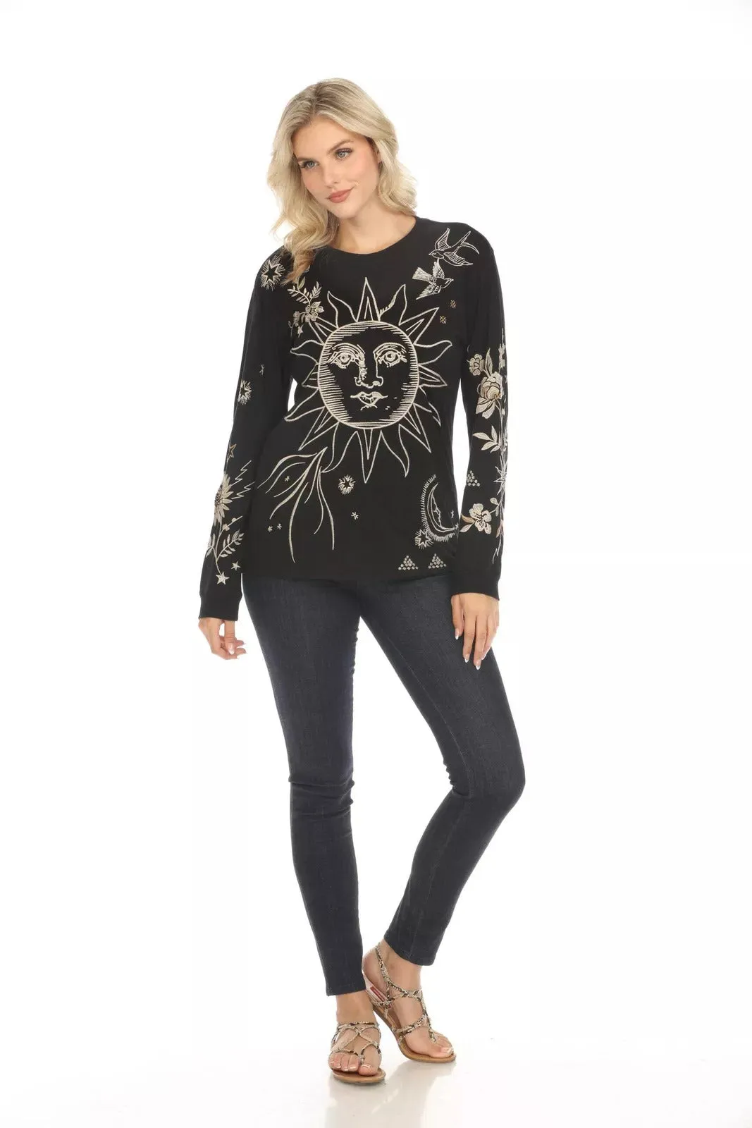 Johnny Was Torine Long Tee Embroidered Cotton Sun Floral Shirt Black Top NEW