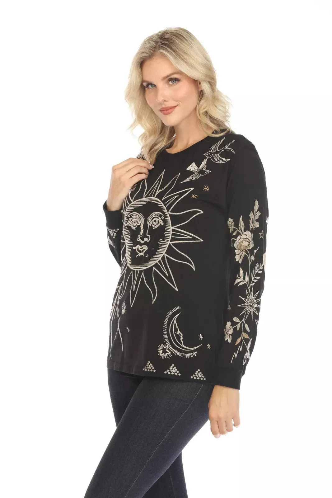 Johnny Was Torine Long Tee Embroidered Cotton Sun Floral Shirt Black Top NEW