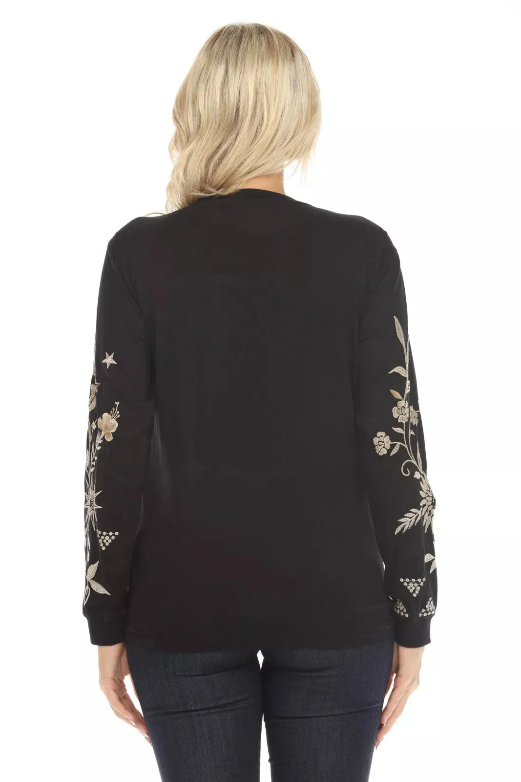 Johnny Was Torine Long Tee Embroidered Cotton Sun Floral Shirt Black Top NEW
