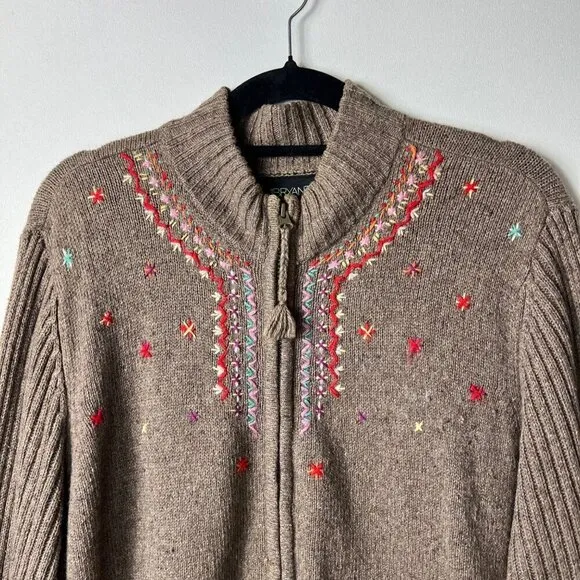 Lane Bryant brown wool embroidered full zip cardigan women’s size 22/24 cottage