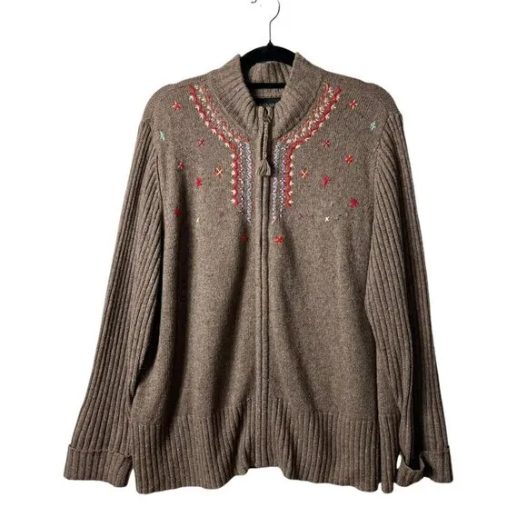 Lane Bryant brown wool embroidered full zip cardigan women’s size 22/24 cottage