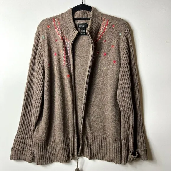 Lane Bryant brown wool embroidered full zip cardigan women’s size 22/24 cottage