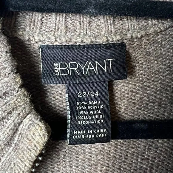 Lane Bryant brown wool embroidered full zip cardigan women’s size 22/24 cottage