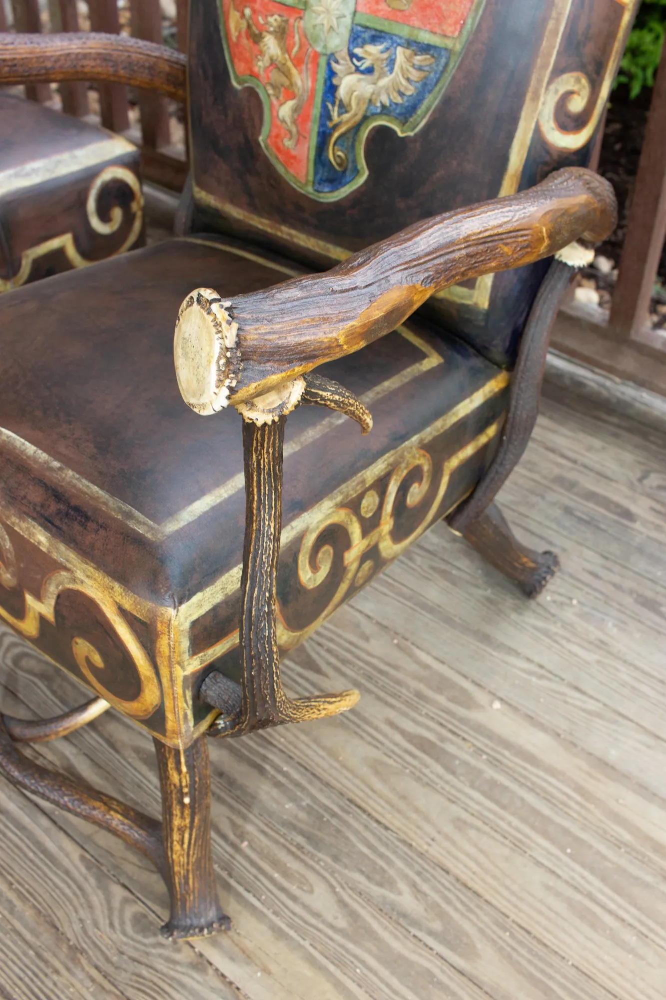 Leather Chair & Ottoman with Austrian Habsburg Antlers & Painted Royal Crest