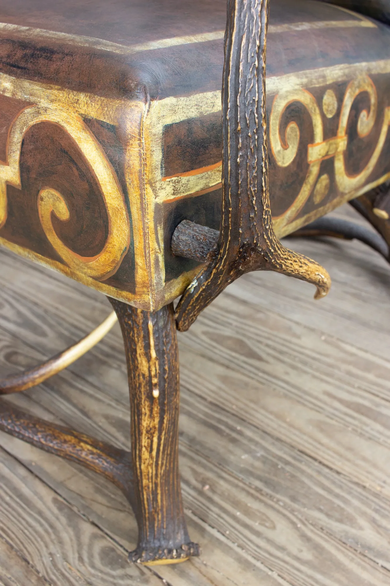 Leather Chair & Ottoman with Austrian Habsburg Antlers & Painted Royal Crest
