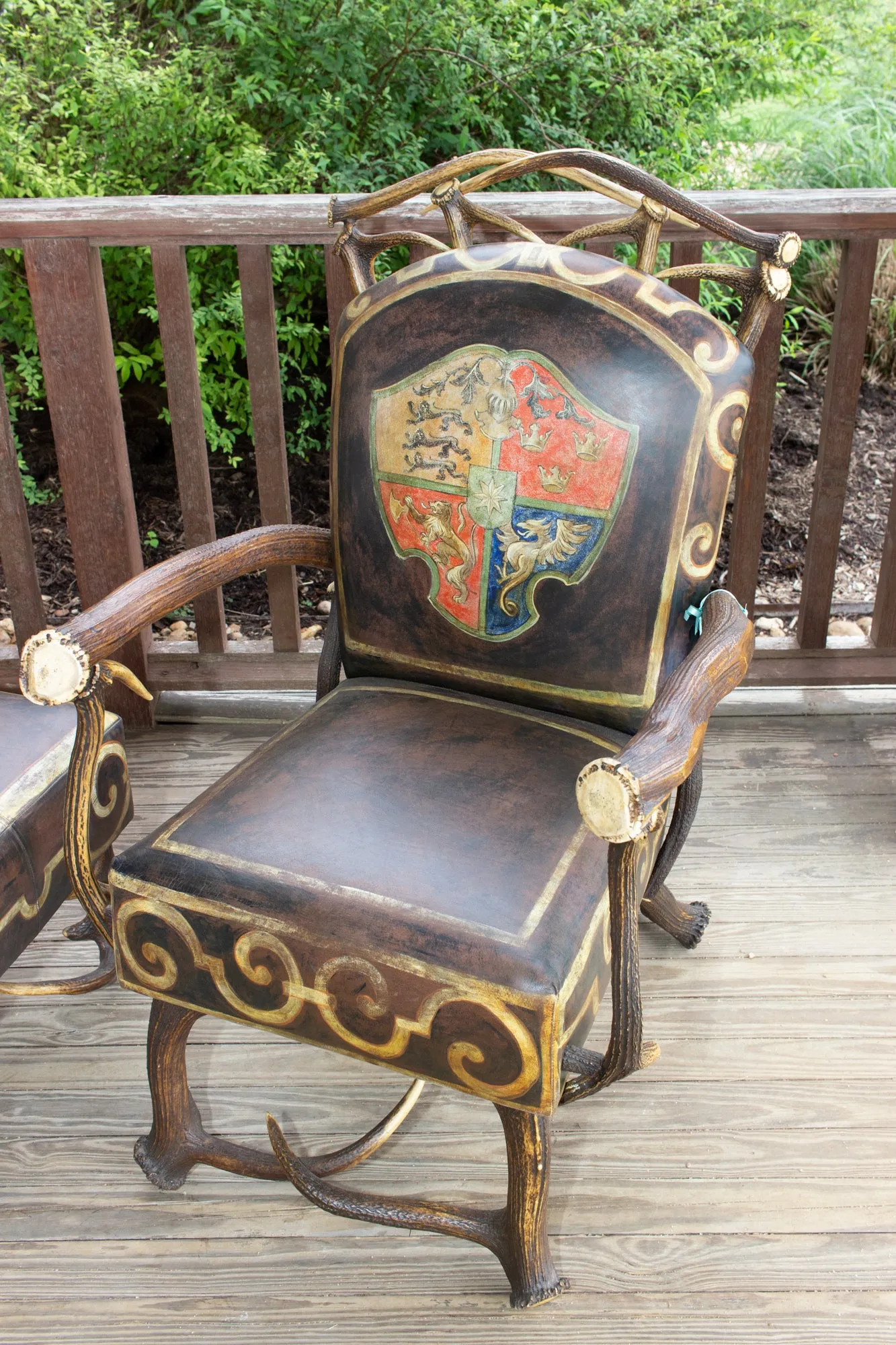 Leather Chair & Ottoman with Austrian Habsburg Antlers & Painted Royal Crest
