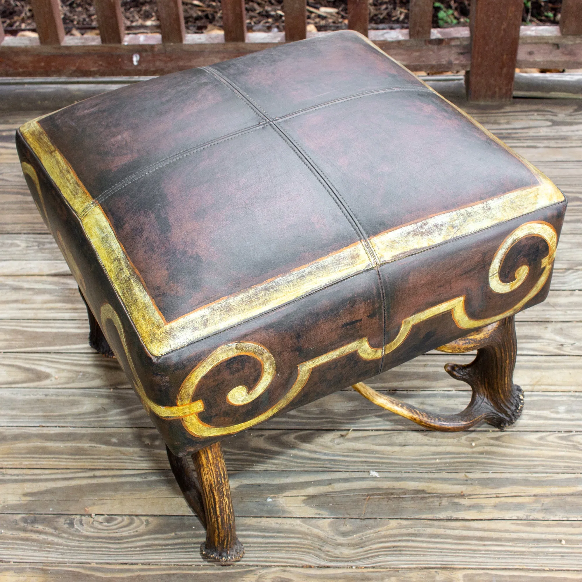 Leather Chair & Ottoman with Austrian Habsburg Antlers & Painted Royal Crest