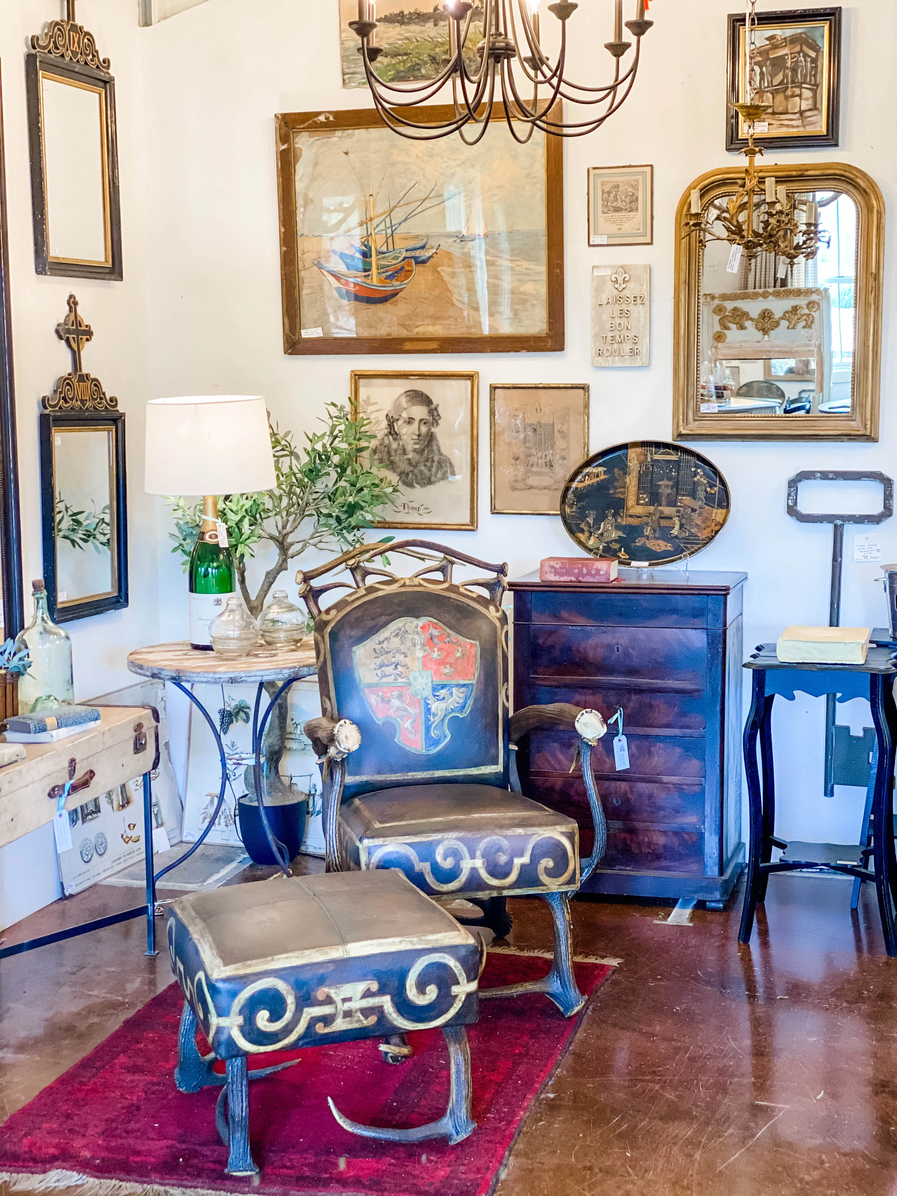 Leather Chair & Ottoman with Austrian Habsburg Antlers & Painted Royal Crest