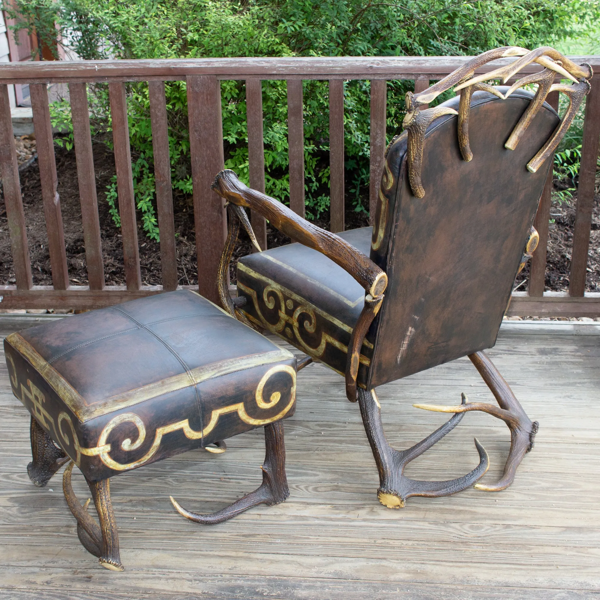 Leather Chair & Ottoman with Austrian Habsburg Antlers & Painted Royal Crest