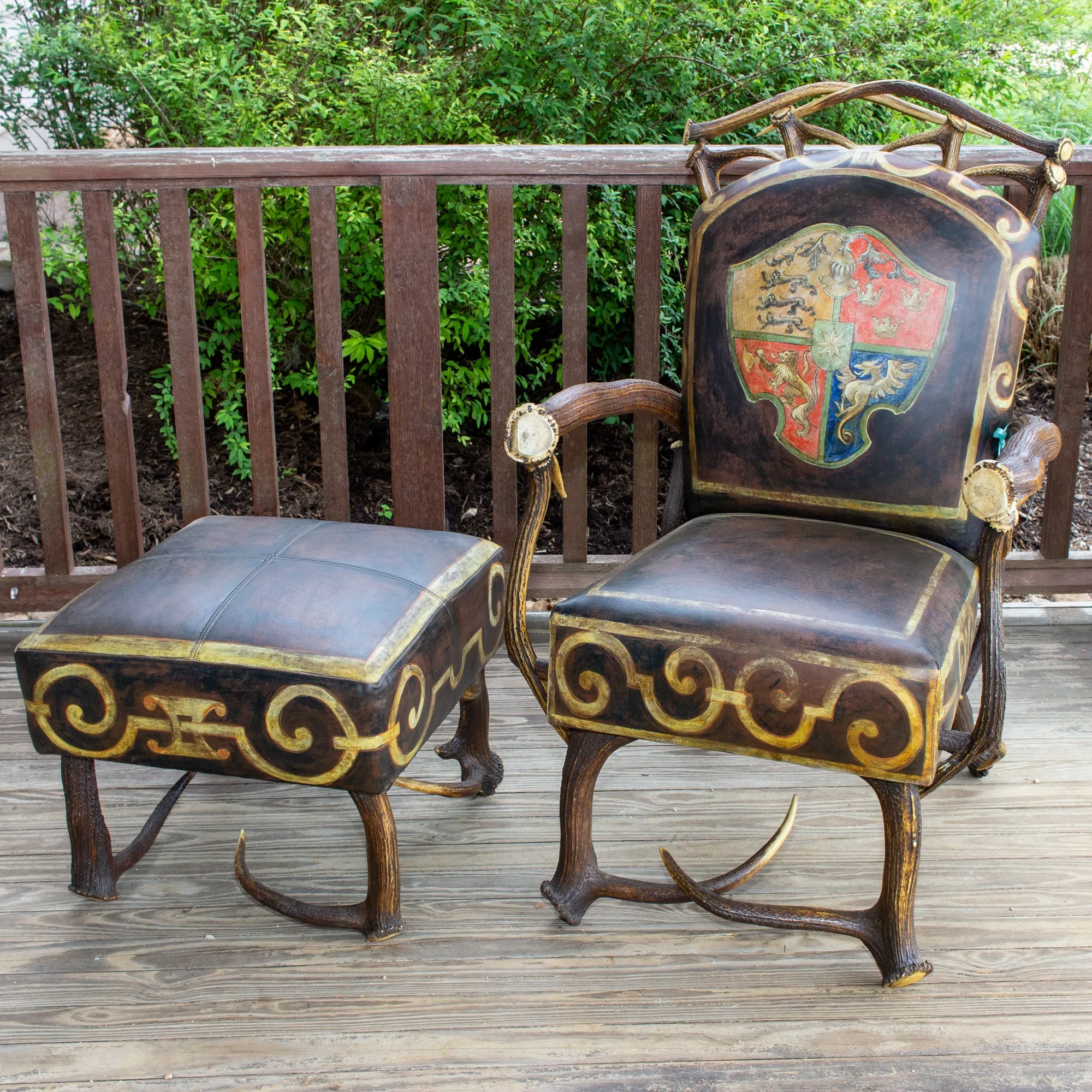 Leather Chair & Ottoman with Austrian Habsburg Antlers & Painted Royal Crest