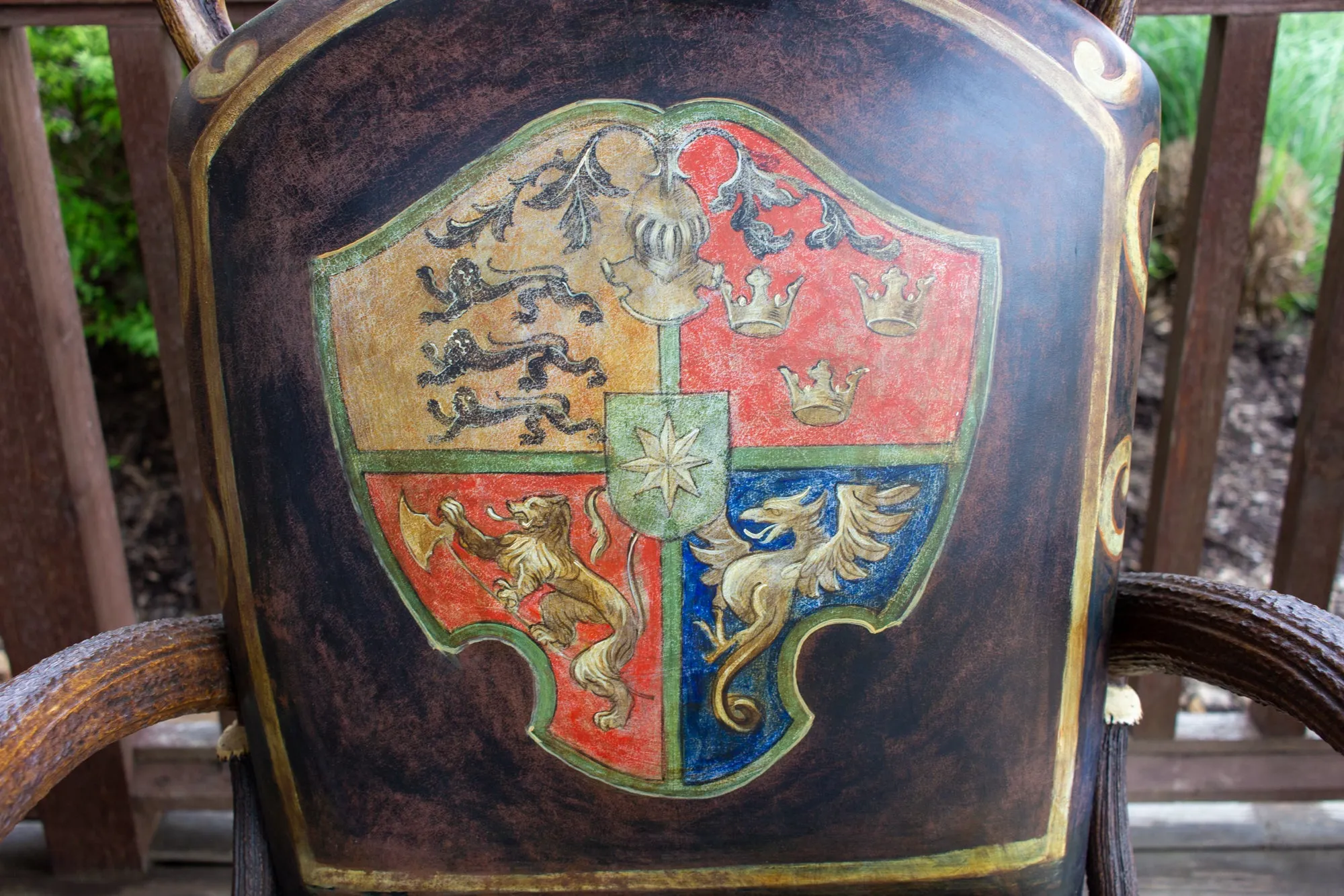 Leather Chair & Ottoman with Austrian Habsburg Antlers & Painted Royal Crest