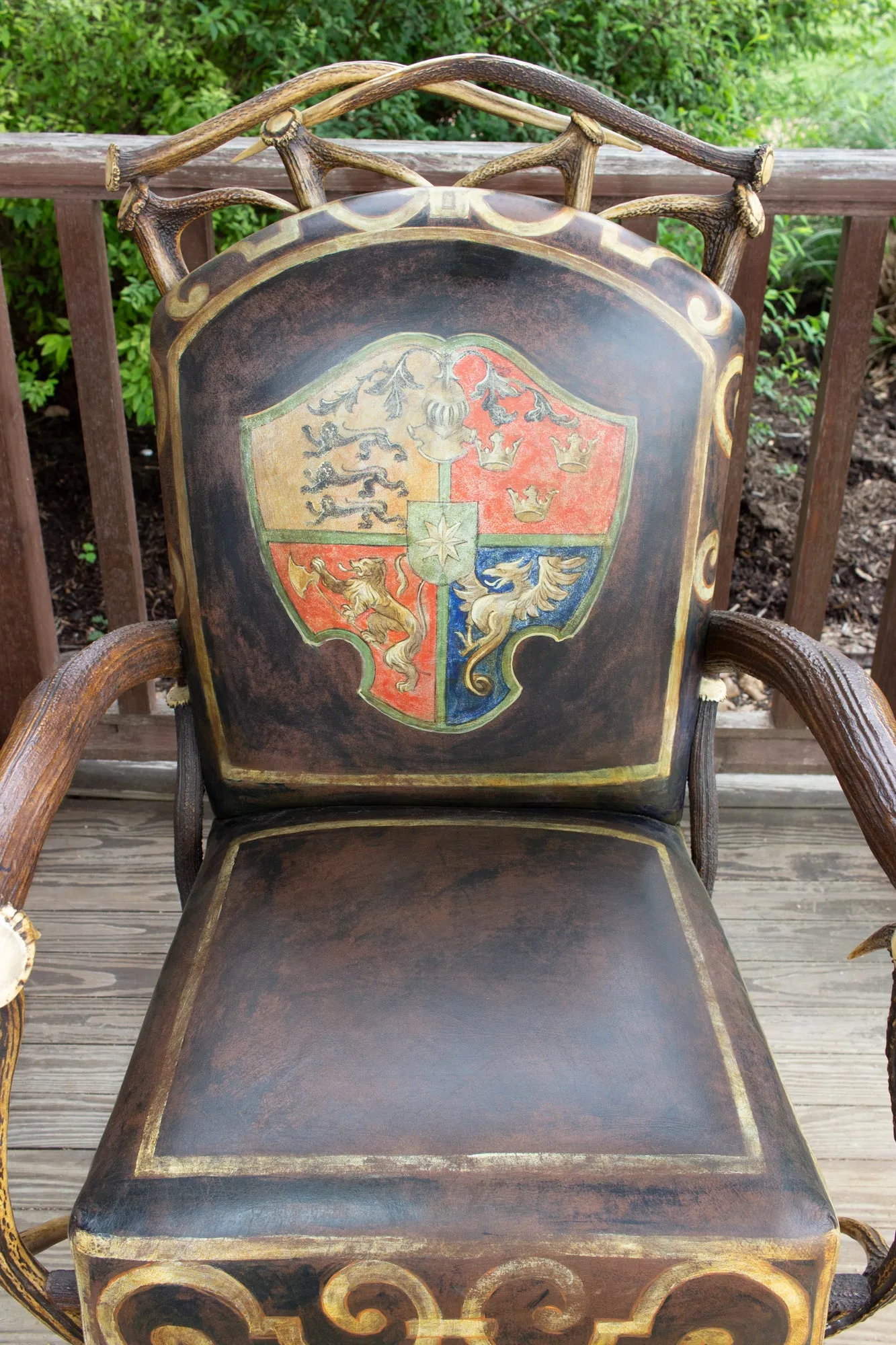 Leather Chair & Ottoman with Austrian Habsburg Antlers & Painted Royal Crest