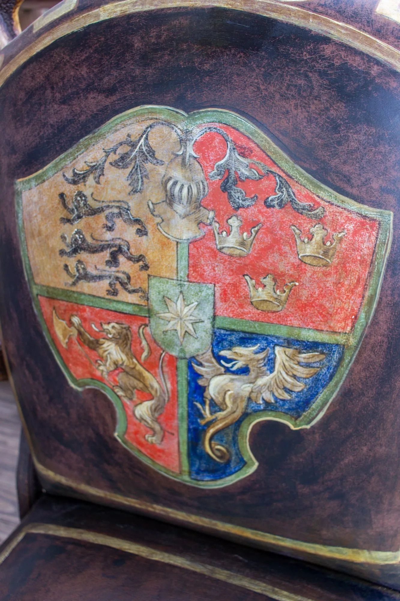 Leather Chair & Ottoman with Austrian Habsburg Antlers & Painted Royal Crest