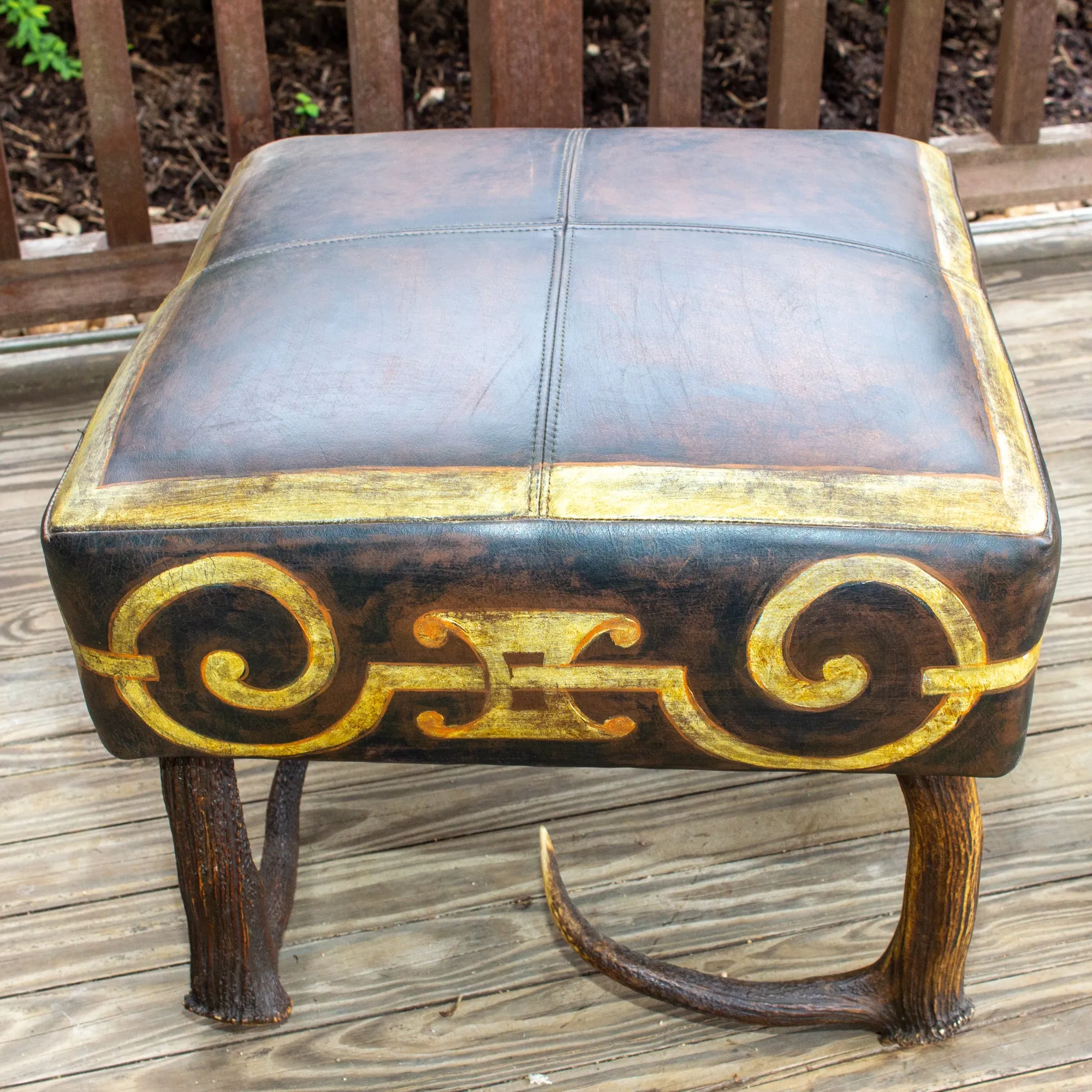 Leather Chair & Ottoman with Austrian Habsburg Antlers & Painted Royal Crest