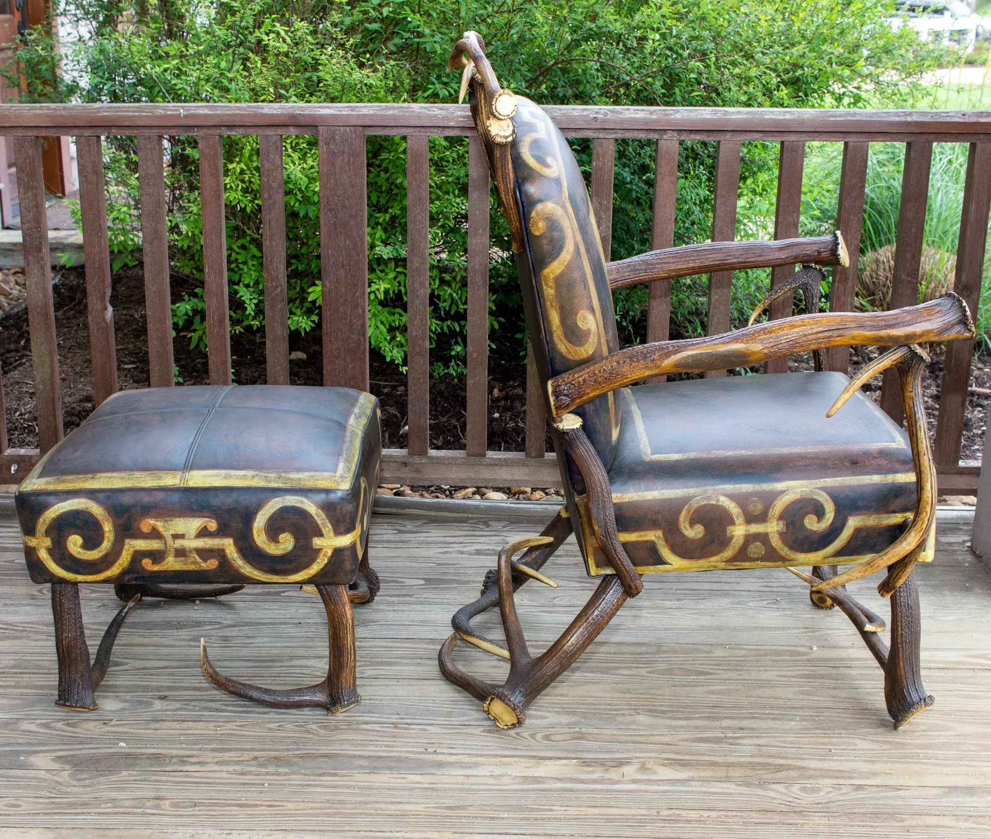 Leather Chair & Ottoman with Austrian Habsburg Antlers & Painted Royal Crest