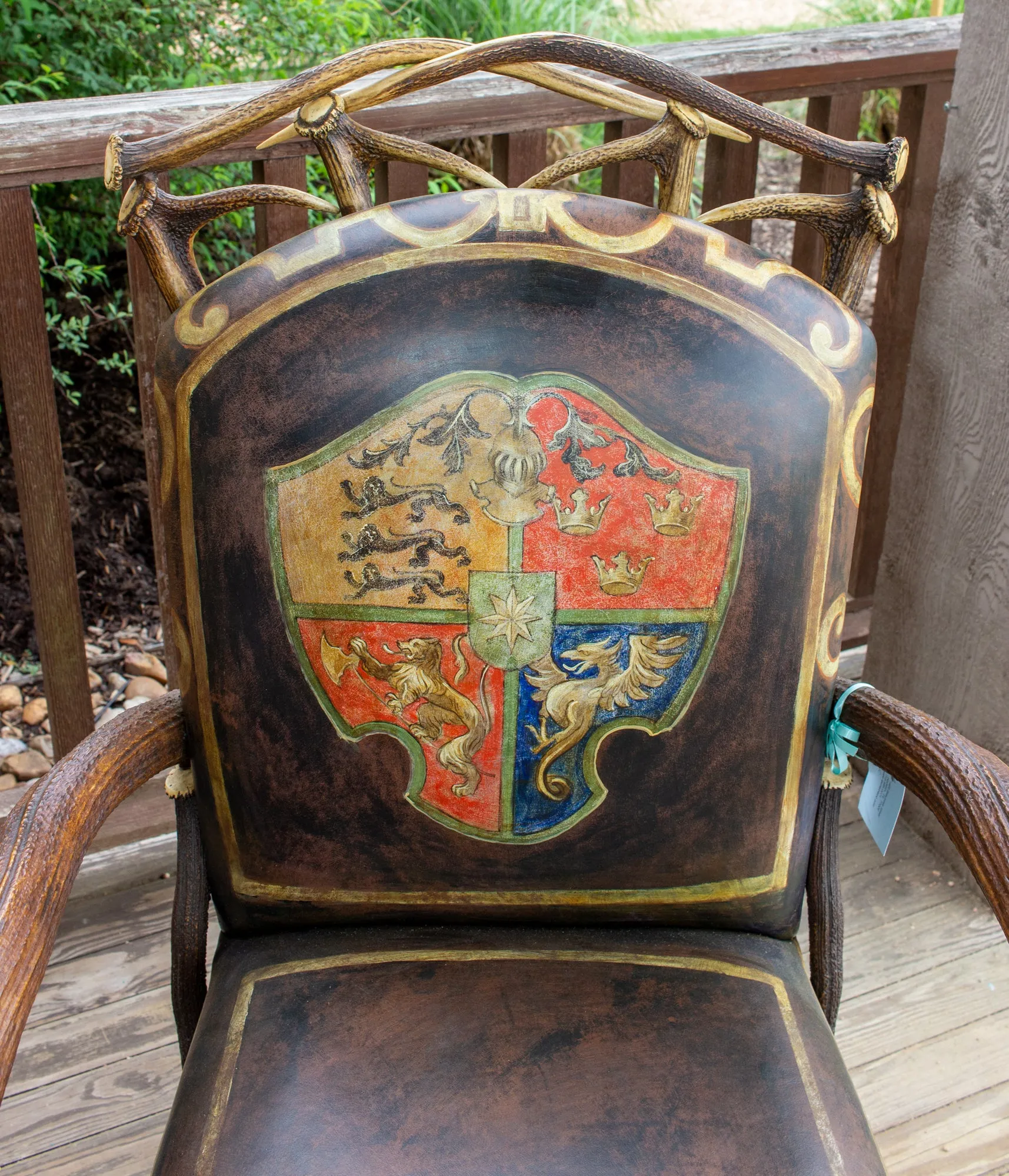 Leather Chair & Ottoman with Austrian Habsburg Antlers & Painted Royal Crest