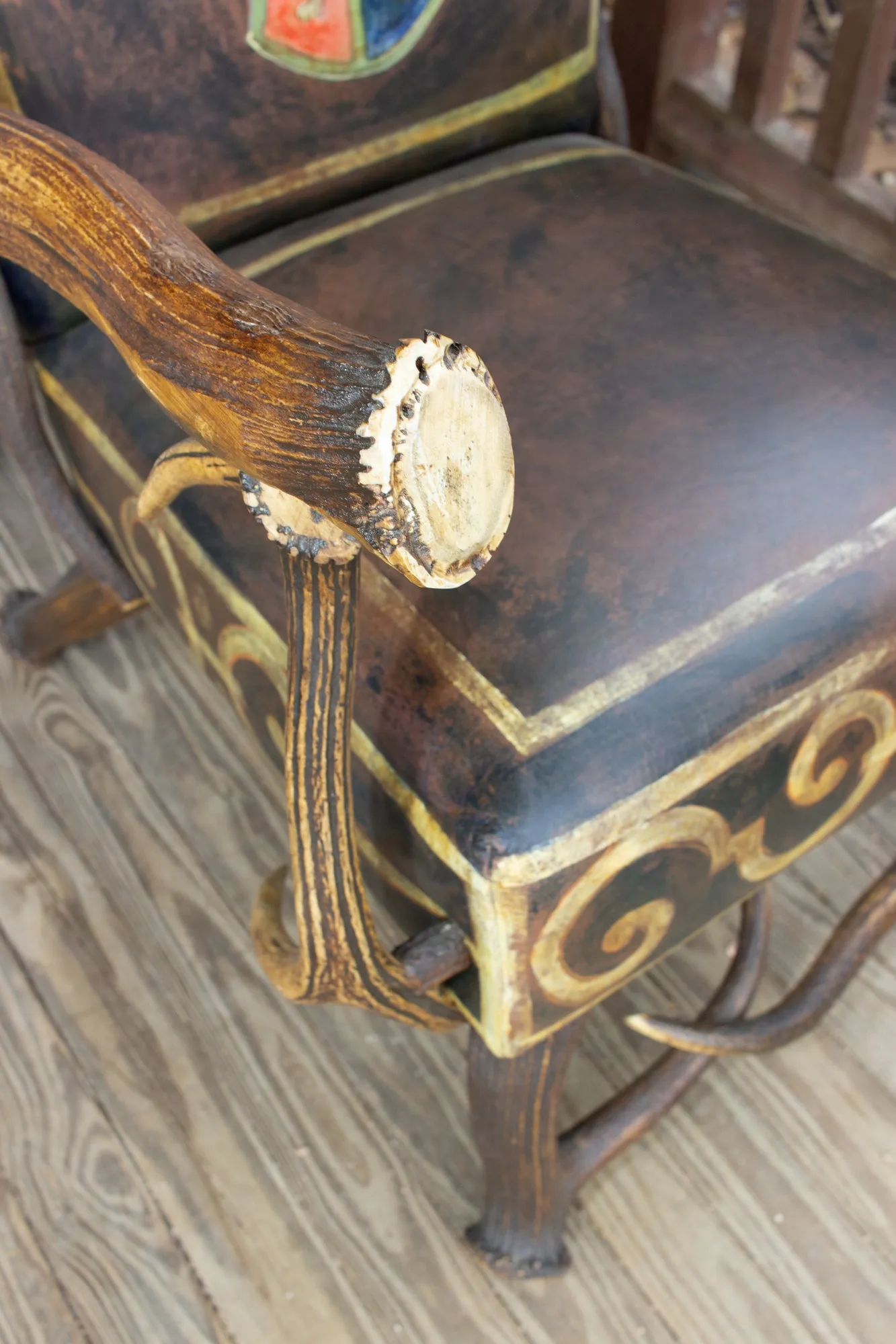Leather Chair & Ottoman with Austrian Habsburg Antlers & Painted Royal Crest