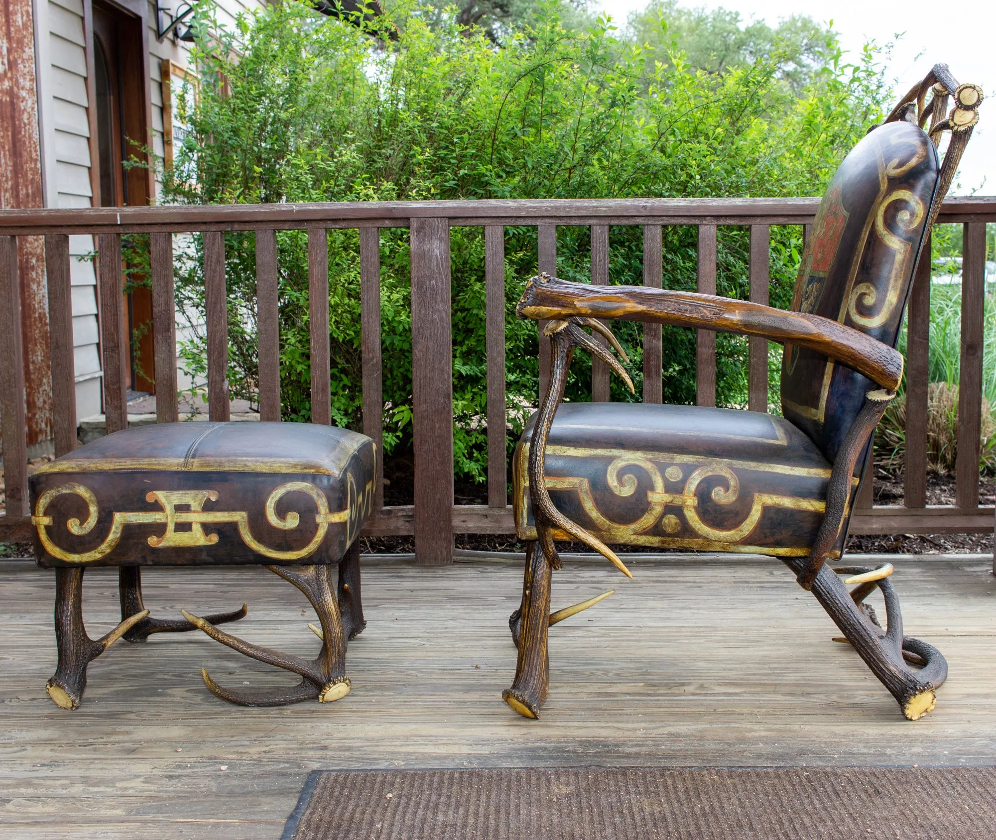 Leather Chair & Ottoman with Austrian Habsburg Antlers & Painted Royal Crest