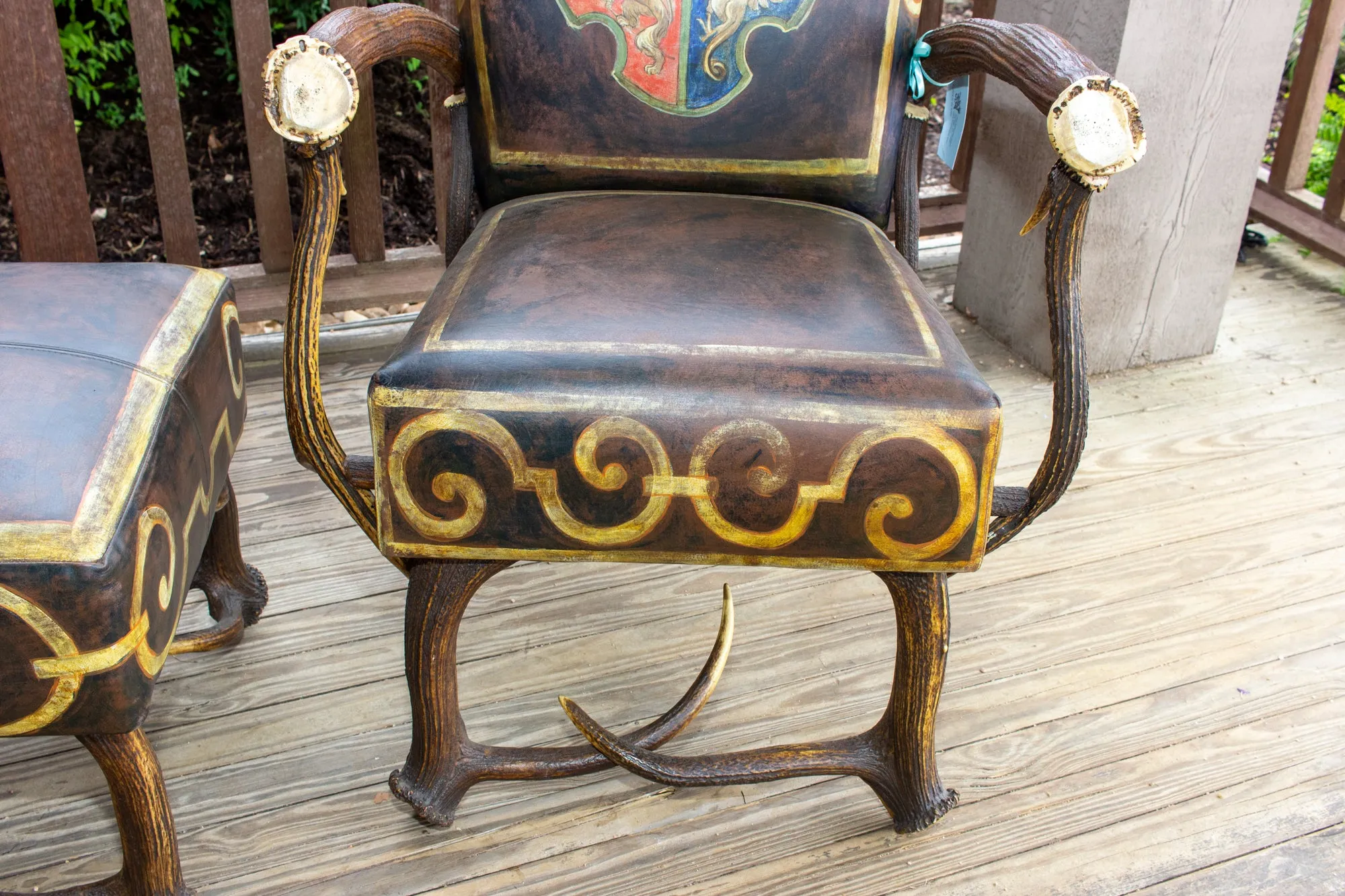 Leather Chair & Ottoman with Austrian Habsburg Antlers & Painted Royal Crest