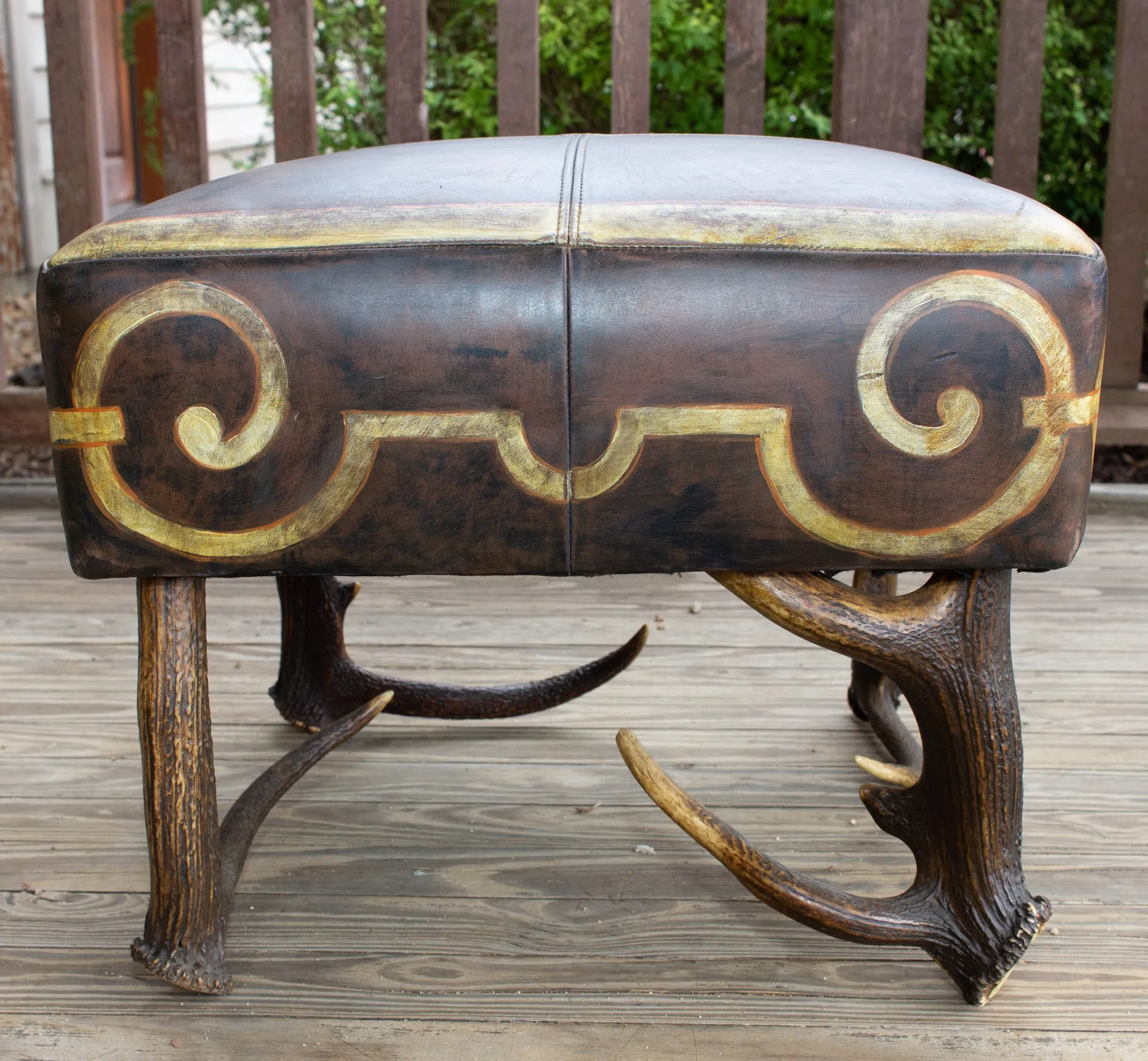 Leather Chair & Ottoman with Austrian Habsburg Antlers & Painted Royal Crest