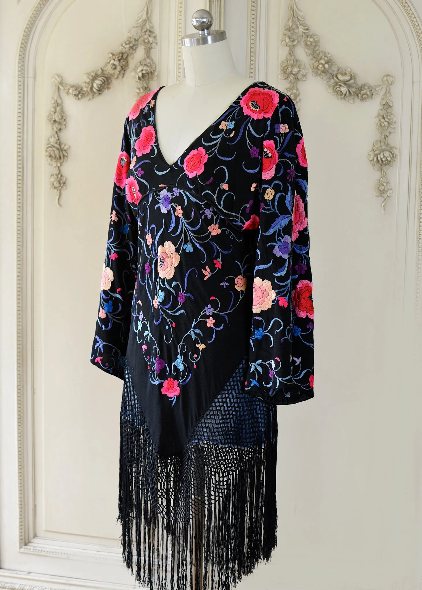 Lizbeth Antique Hand Embroidered Black, Plum & Ruby Empire Dress