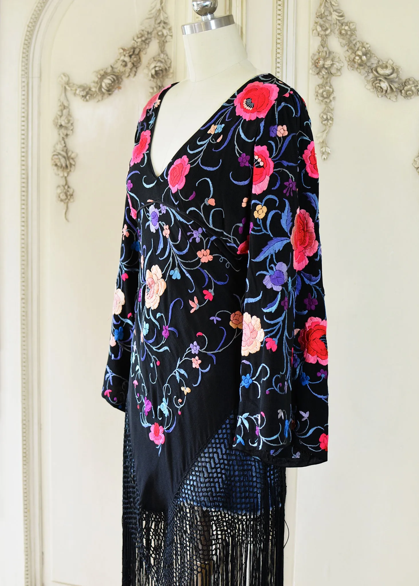 Lizbeth Antique Hand Embroidered Black, Plum & Ruby Empire Dress