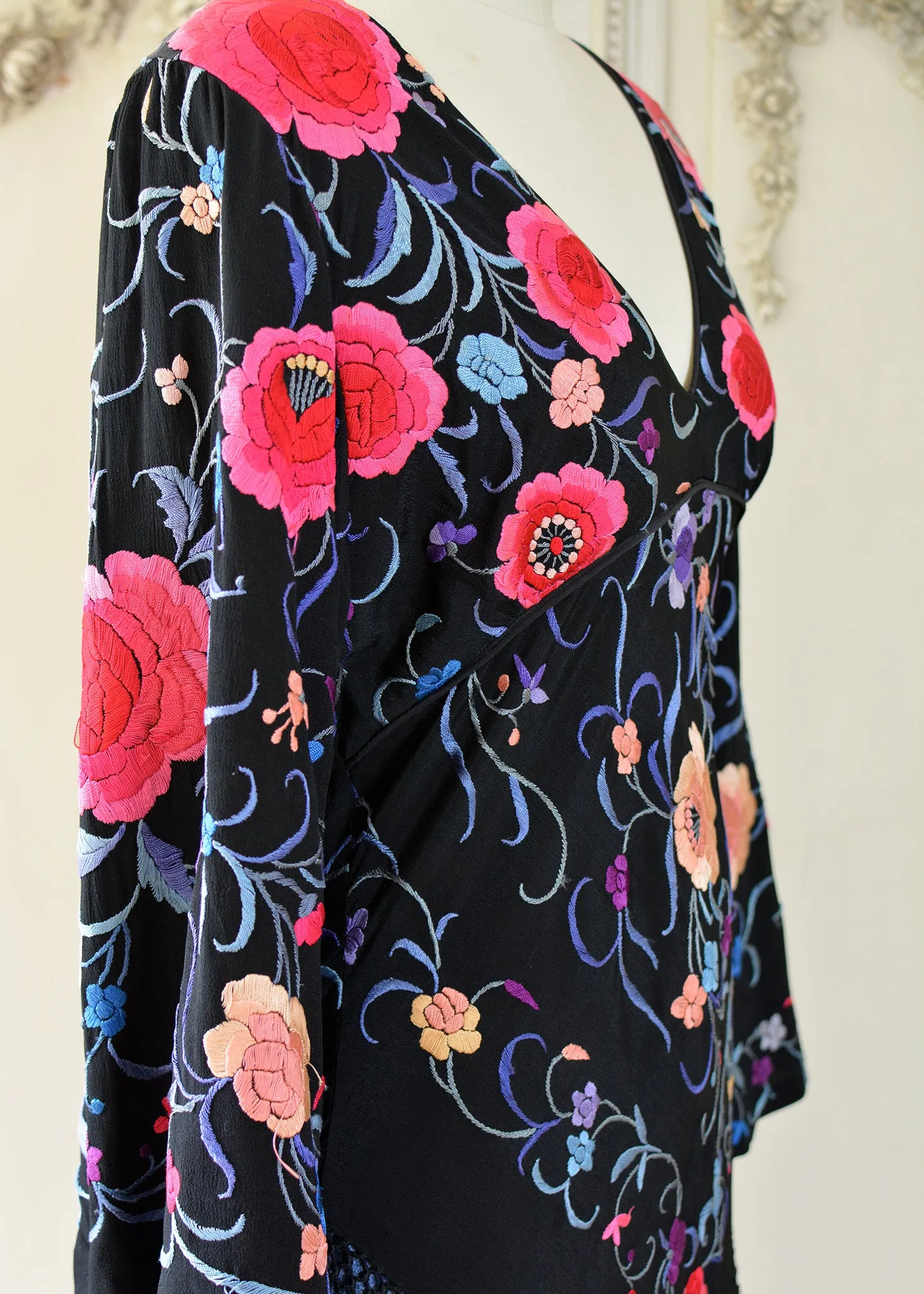 Lizbeth Antique Hand Embroidered Black, Plum & Ruby Empire Dress