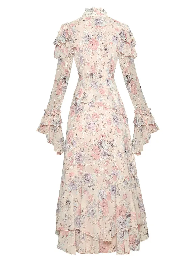 Louisa Floral Embroidered Print Long Asymmetrical Midi Dress