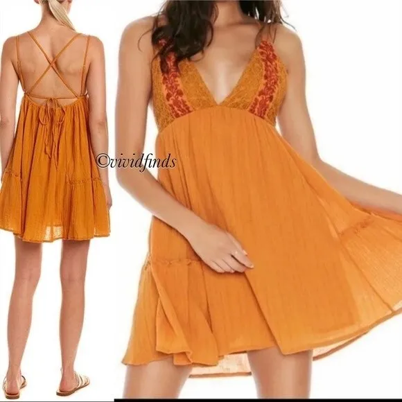 L*Space Mini Halter Crochet Elaina Sun Beach Dress S Orange Boho Swing Mini Sexy