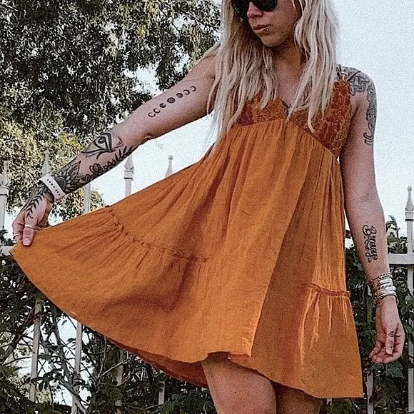 L*Space Mini Halter Crochet Elaina Sun Beach Dress S Orange Boho Swing Mini Sexy