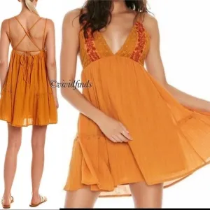 L*Space Mini Halter Crochet Elaina Sun Beach Dress S Orange Boho Swing Mini Sexy