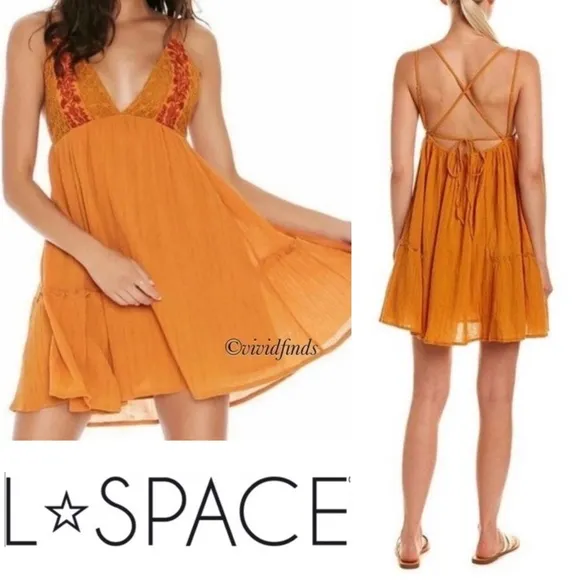 L*Space Mini Halter Crochet Elaina Sun Beach Dress S Orange Boho Swing Mini Sexy